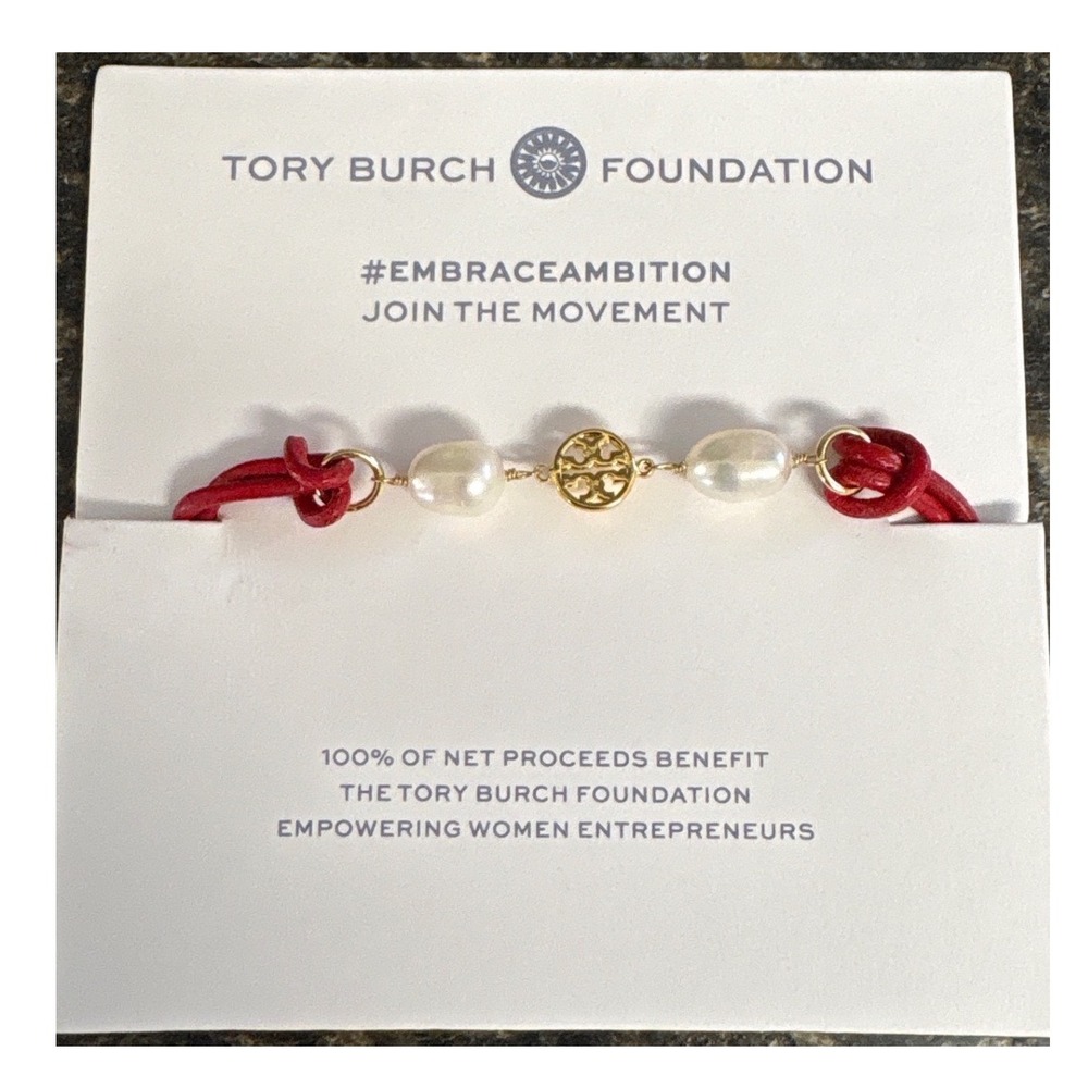 Tory Burch Embrace Ambition Red Silk Cord Pearl Bracelet Gold Logo Medallion